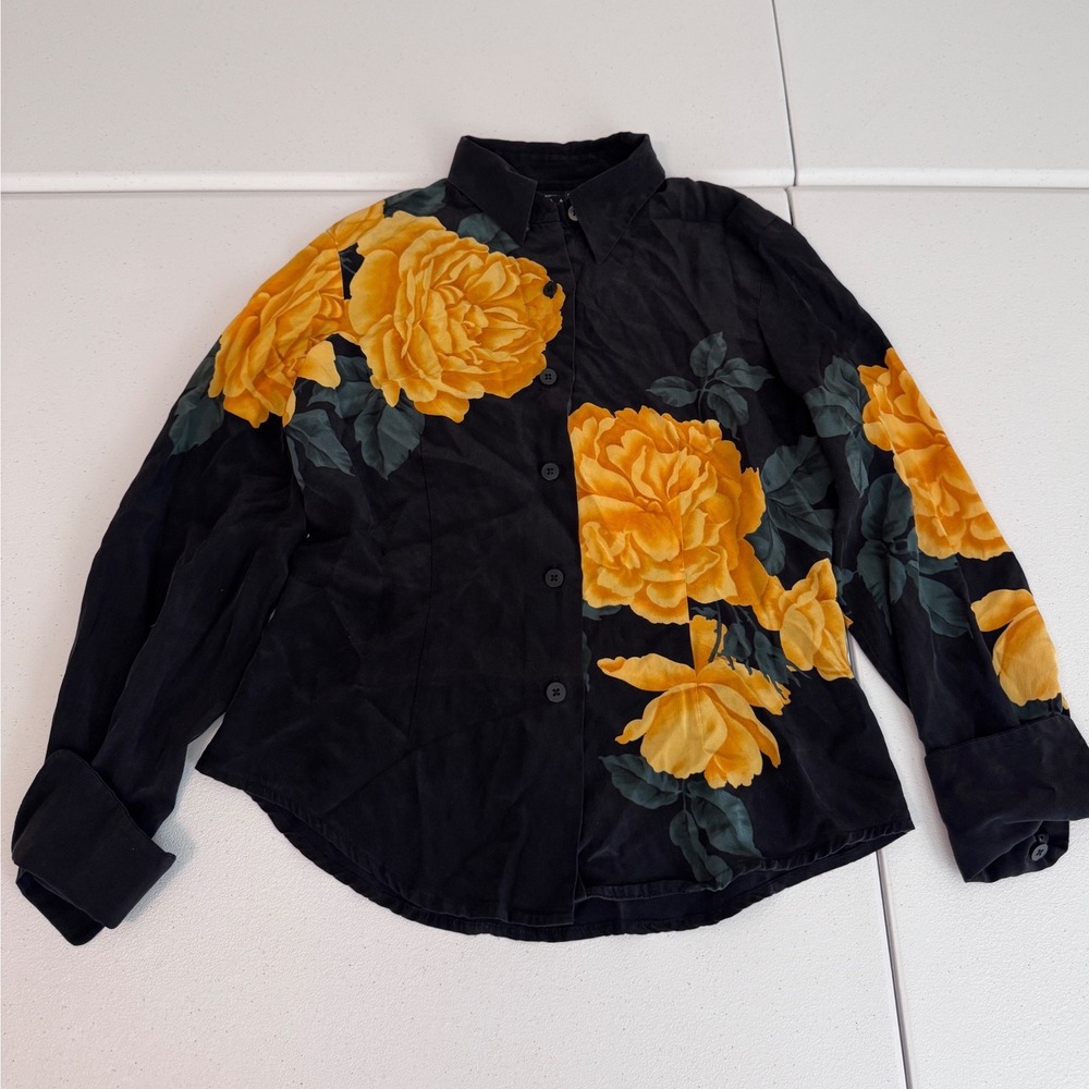 Linda Allard Ellen Tracy Silk Floral Shirt Black Yellow Rose Vintage Petite 2 pp